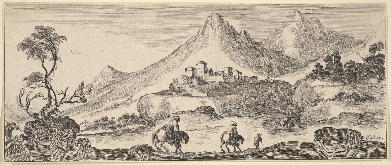 Twee ruiters dalen een heuvel af in het midden, volgend op een andere man te voet, een kasteel in de verte, ca. 1641 door Stefano della Bella