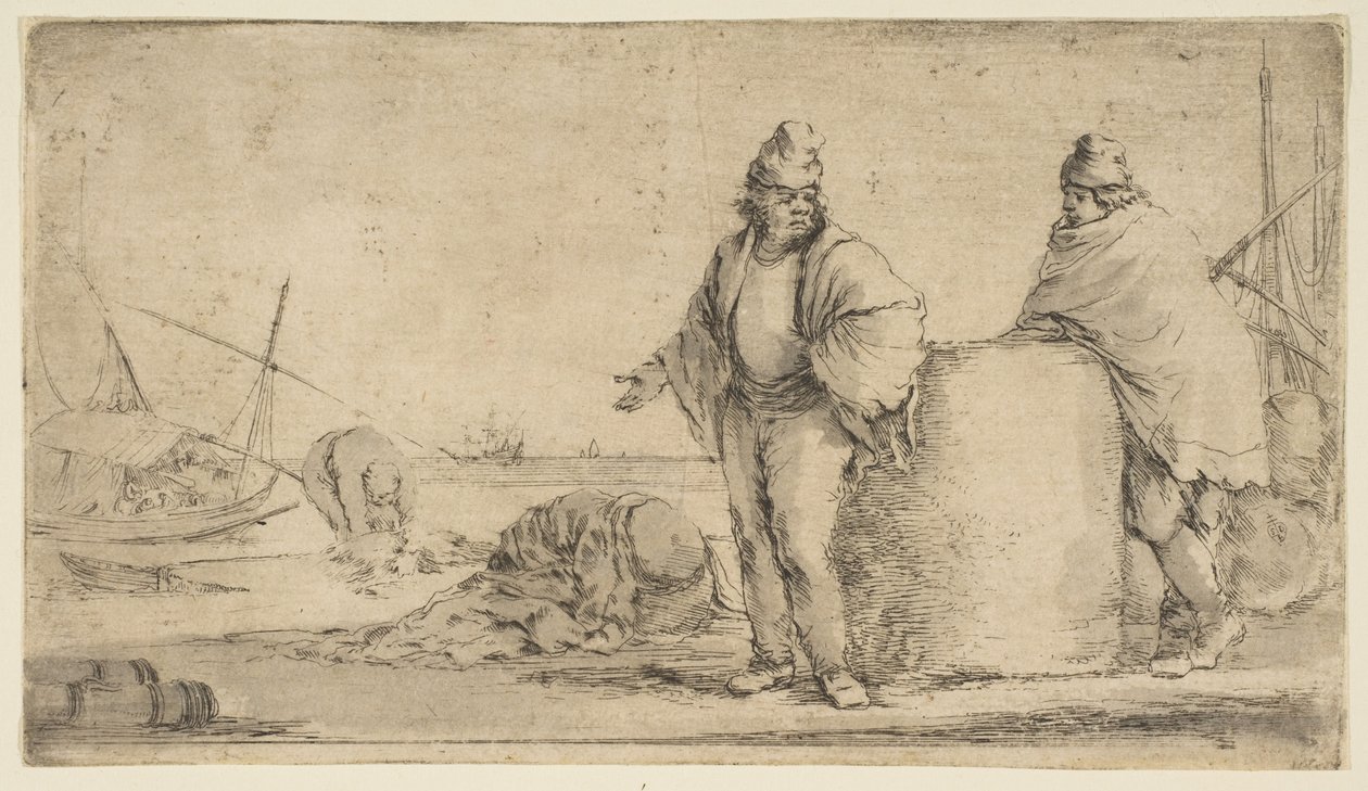 Twee zeelieden met een baal koopwaar, ca. 1662 door Stefano della Bella