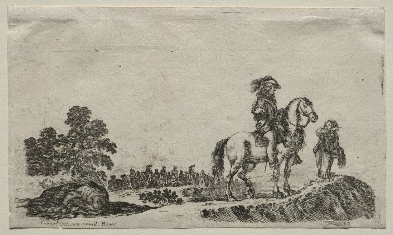 Verschillende figuren en landschappen: Een verdwaalde ruiter vraagt de weg door Stefano della Bella