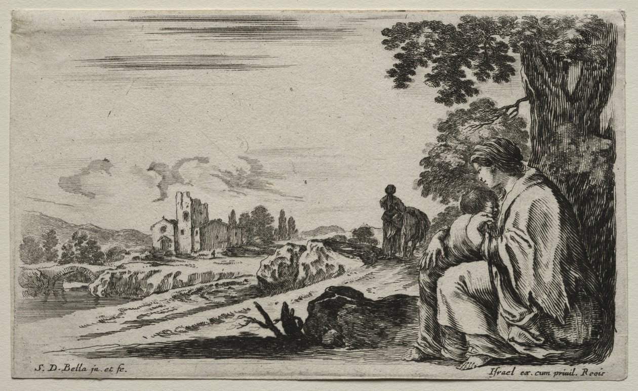 Verschillende figuren en landschappen: Een arme verpleegster zittend onder een boom, 1649 door Stefano della Bella