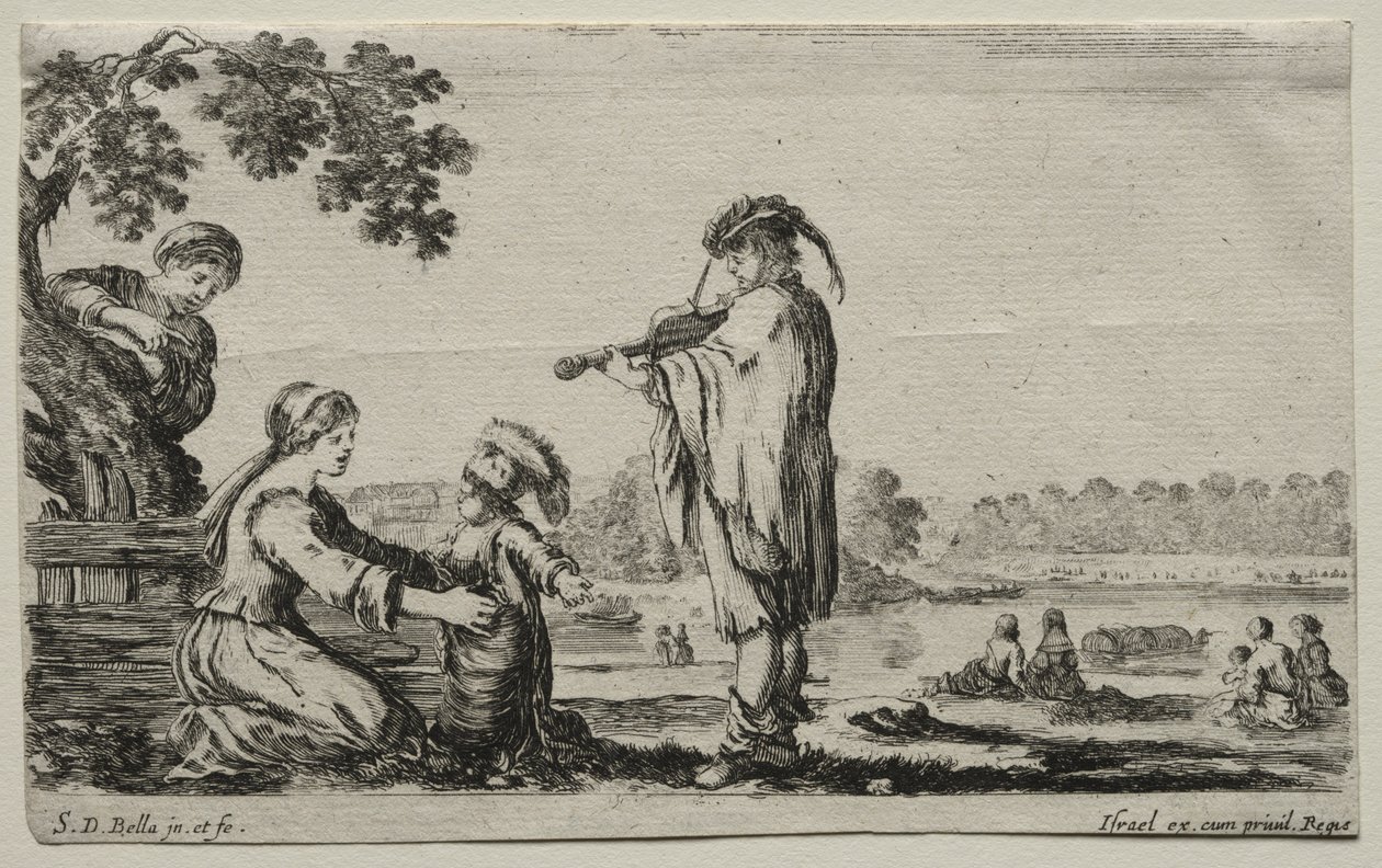 Verschillende figuren en landschappen: Een violist, 1649 door Stefano della Bella