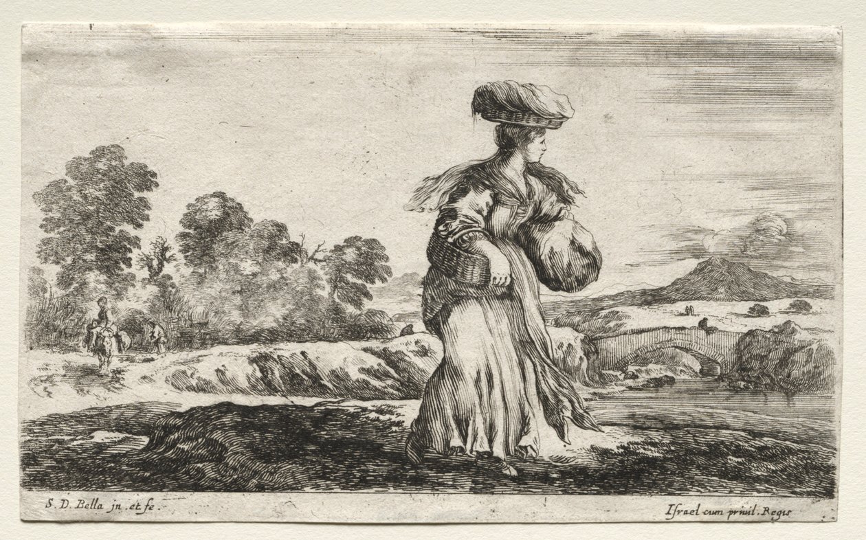 Verschillende figuren en landschappen: Boerin met een mand op haar hoofd, 1649 door Stefano della Bella
