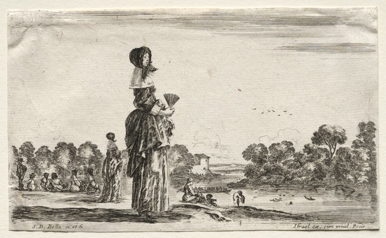 Verschillende figuren en landschappen: Vrouwen kijken naar baders langs een rivier door Stefano della Bella