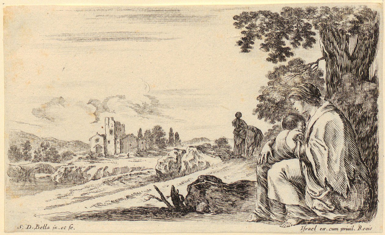 Een verdwaalde ruiter vraagt de weg, blad 4 van de reeks „Verschillende figuren en landen” door Stefano della Bella