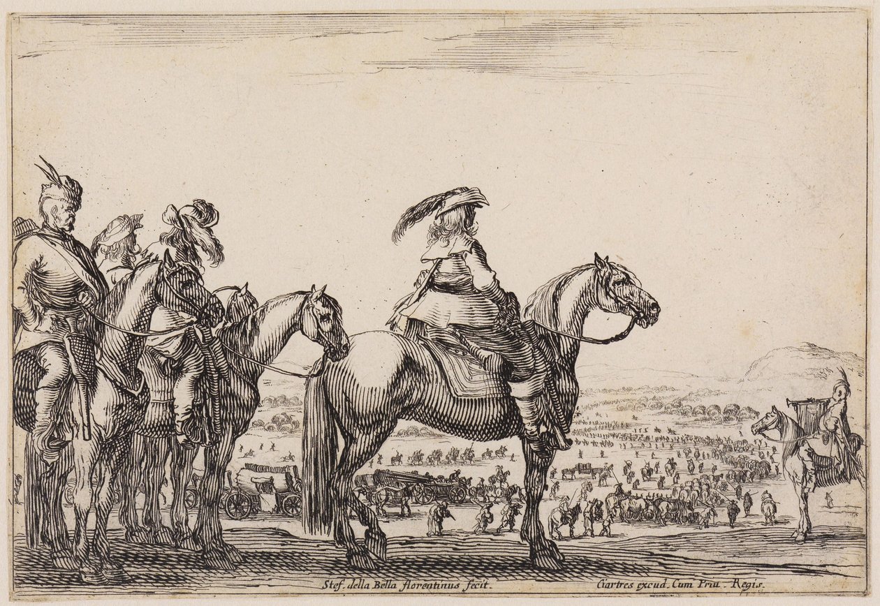 Verschillende figuren (Varie figure): Leger op mars in de vlakte. Op de heuvel op de voorgrond de commandant en zijn begeleiders, rechts een trompettist door Stefano della Bella