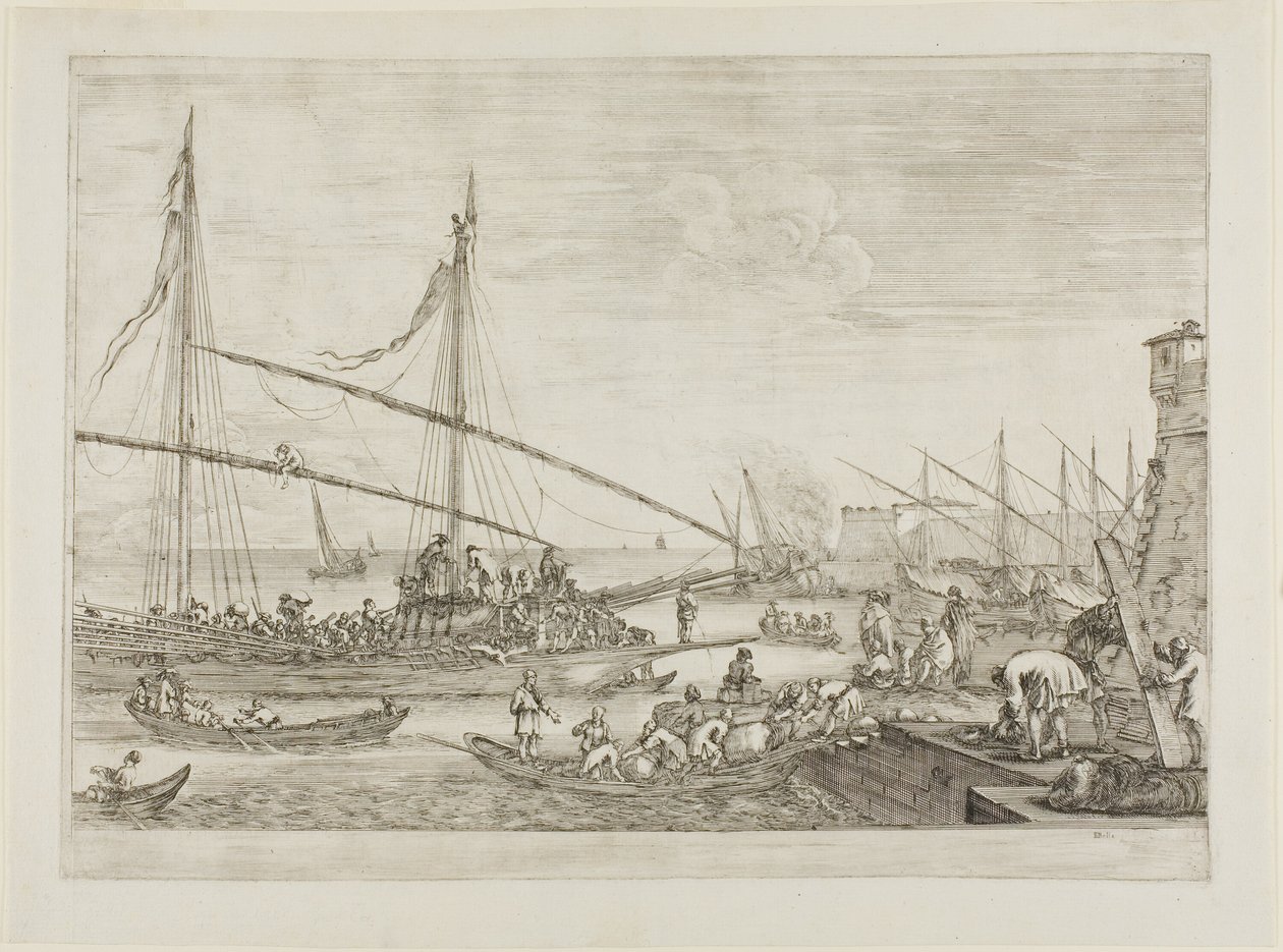 Uitzicht op vestingwerken, uit Zichten op de haven van Livorno door Stefano della Bella