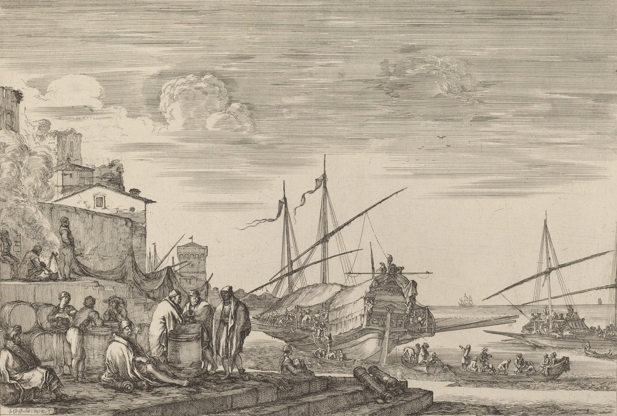 Uitzicht op verschillende huizen aan de haven, waarschijnlijk ca. 1654-1655 door Stefano della Bella