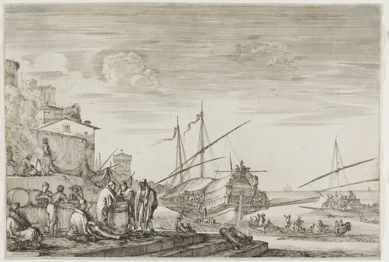 Uitzichten op de haven van Livorno: Huizen met uitzicht op een haven door Stefano della Bella