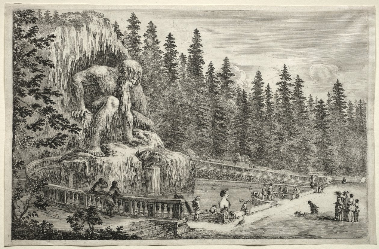 Zichten van de Villa van Pratolino: Kolossaal standbeeld van de Apennijnen door Stefano della Bella
