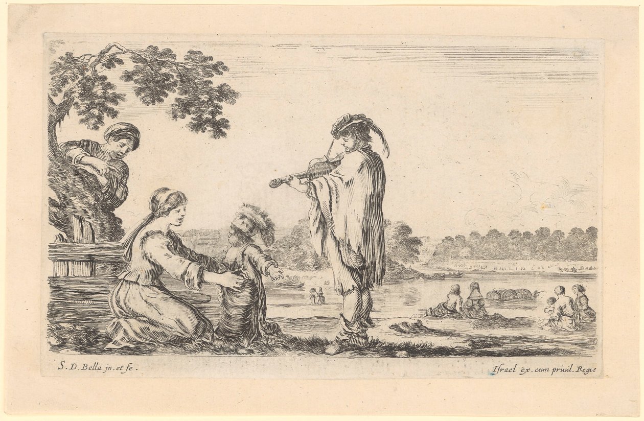 Violist en zittende vrouw met kind aan een waterpartij door Stefano della Bella