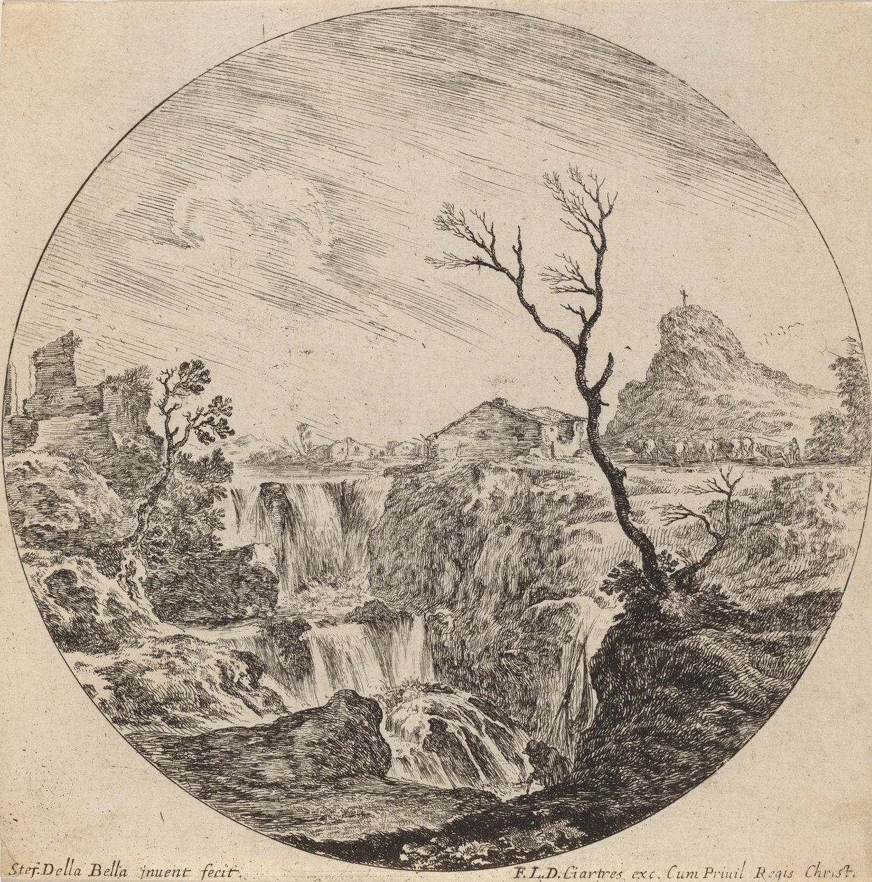 Waterval met drie niveaus, 1646 door Stefano della Bella