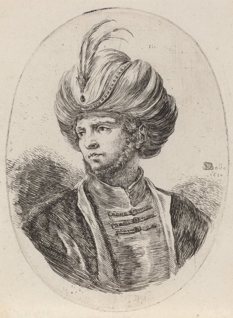 Jonge Moor met een lichte baard en gevederde tulband, naar links gedraaid, 1650 door Stefano della Bella