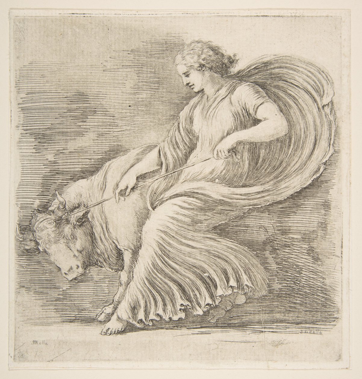 Jonge vrouw die probeert een stier te stoppen, ca. 1660 door Stefano della Bella
