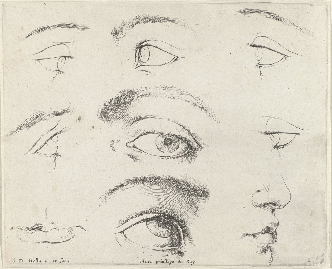 Zeven ogen, twee monden en een neus (series title: De beginselen van het tekenen, I principii del disegno) door Stefano della Bella