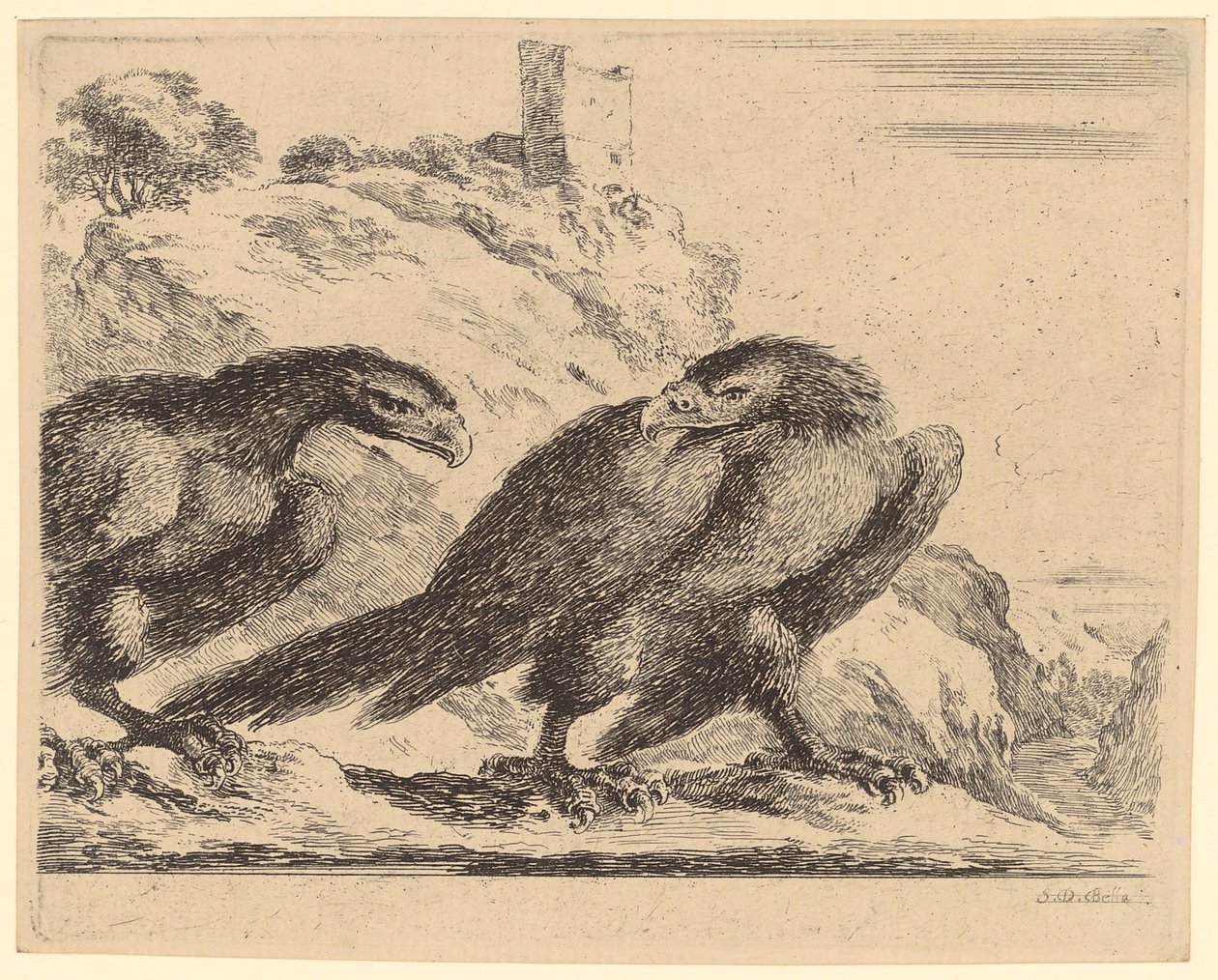 Twee arenden bij een kasteelruïne, blad 2 uit de reeks "Arenden" door Stefano della Bella