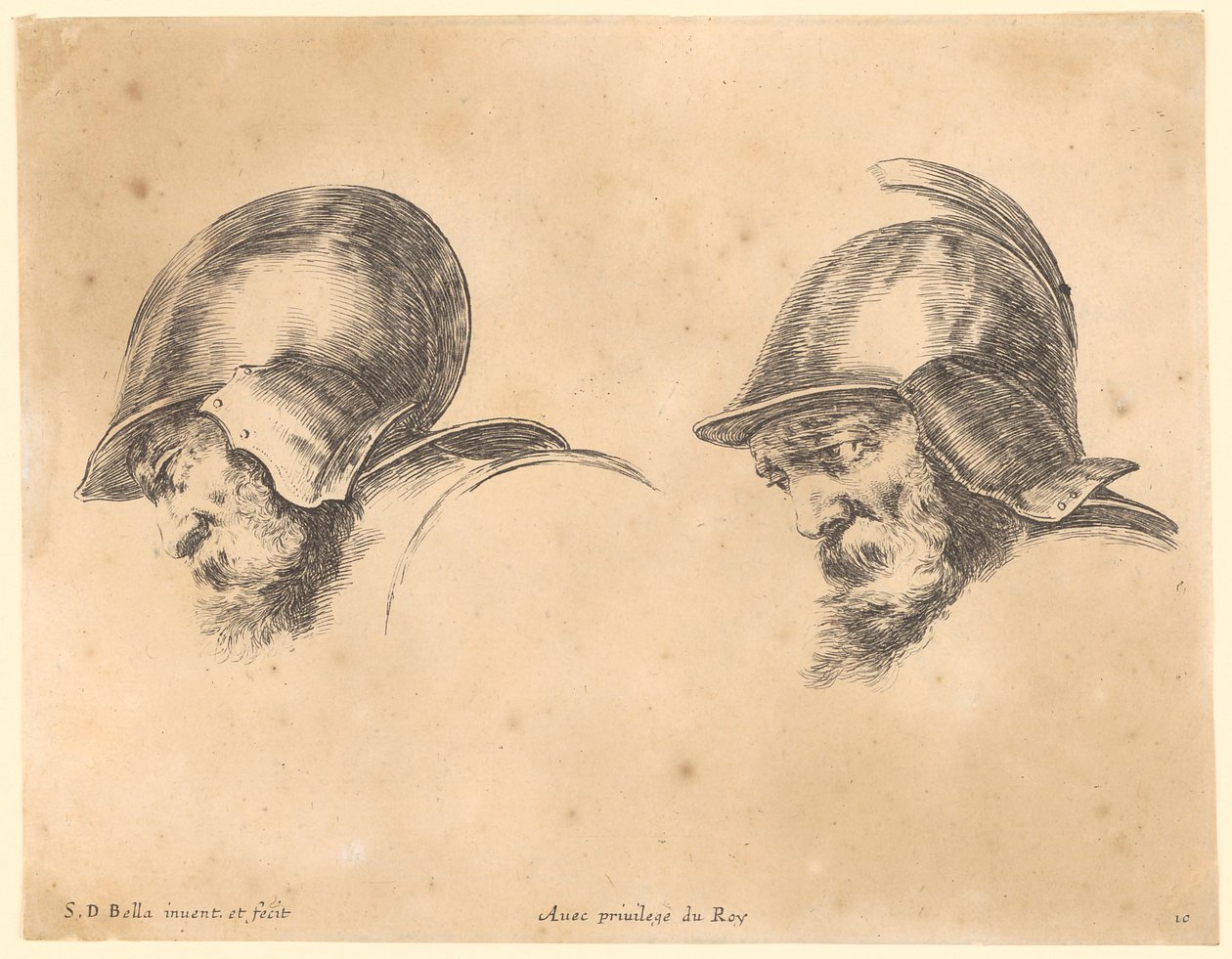 Twee portretten van bebaarde mannen met een helm, in profiel naar links door Stefano della Bella