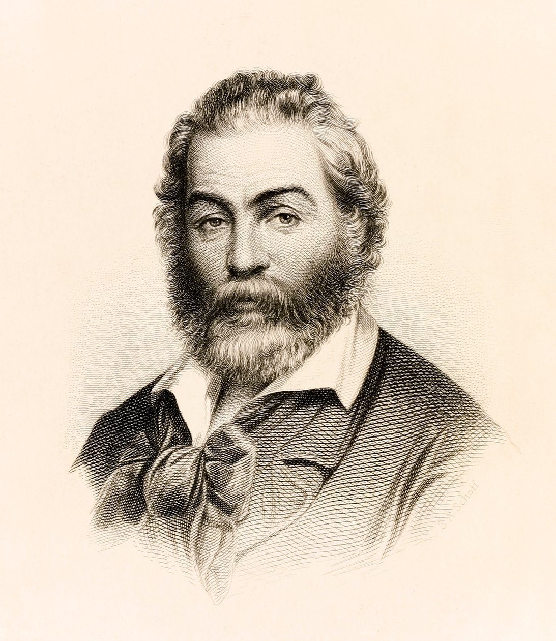 Frontispice uit een editie van 1860 van "Leaves of Grass" een poëziebundel van de Amerikaanse dichter Walt Whitman door Stephen Alonzo Schoff