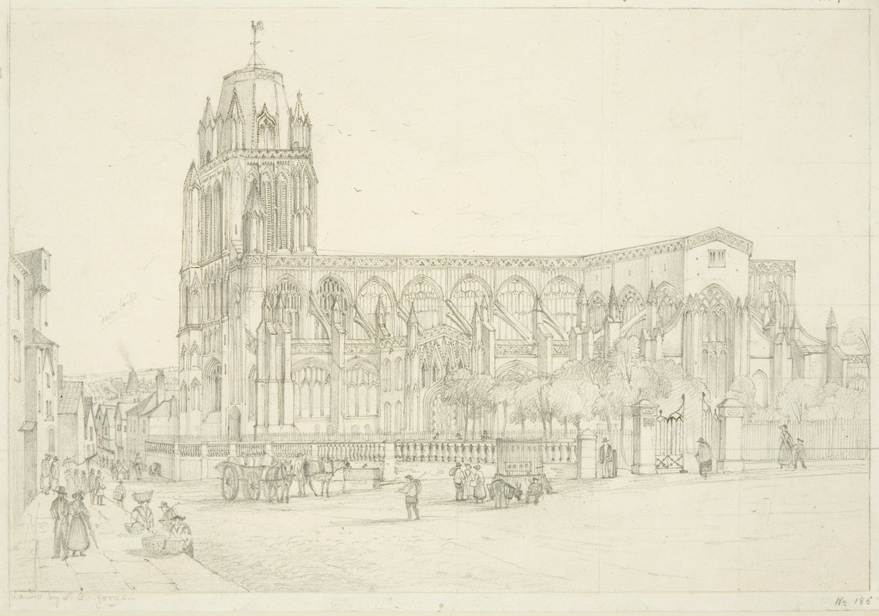 Zuidaanzicht van de St. Mary Redcliffe-kerk, ca. 1835 door Stephen C. Jones