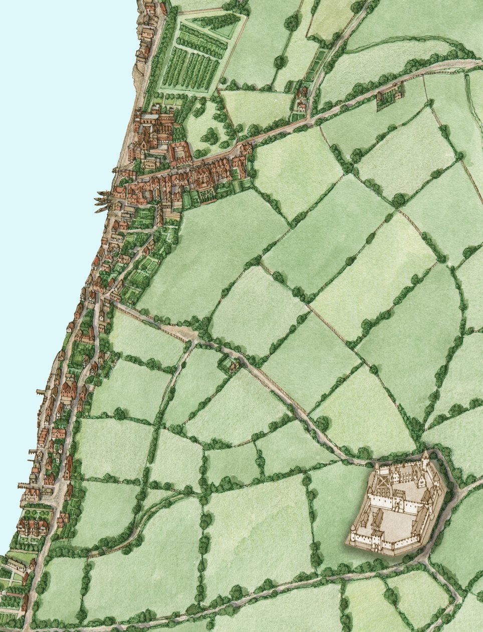 Lambeth en Vauxhall circa 1600, met inzet van middeleeuws Kennington Castle, 2021 (inkt en aquarel, digitaal) door Stephen Conlin