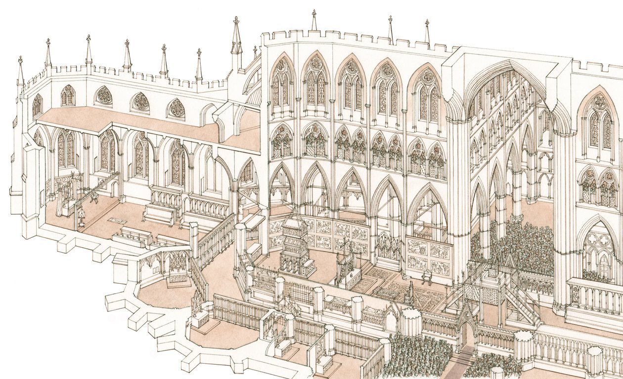 De kooromgang van Westminster Abbey ten tijde van de kroning van koning Hendrik IV in 1399, 2023 (inkt en aquarel) door Stephen Conlin