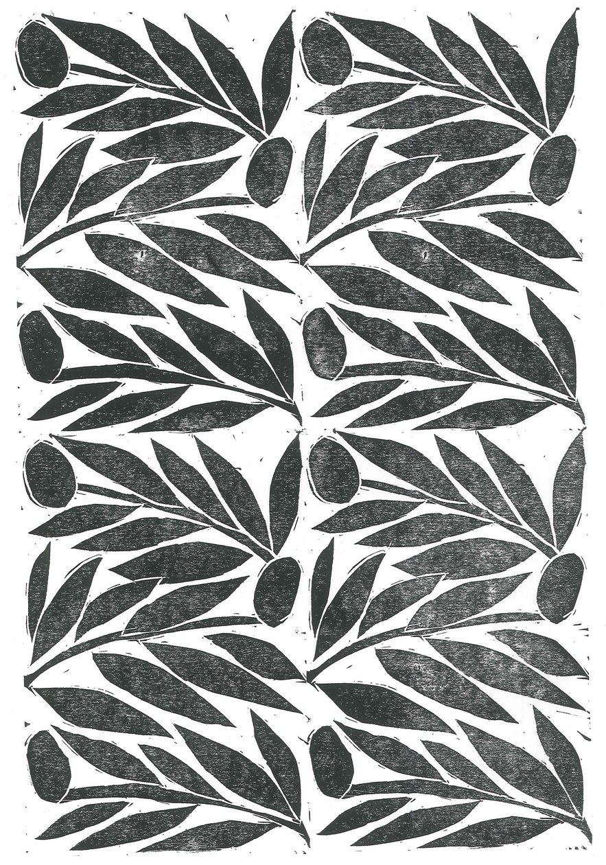 Olijftakken, 2015 (linoleumsnede op papier) door Stephen Dow