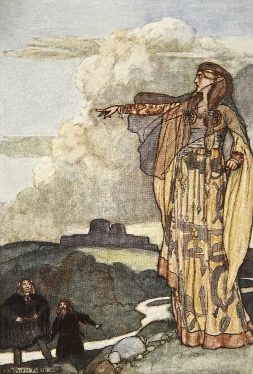 Macha vervloekt de mannen van Ulster, illustratie uit 