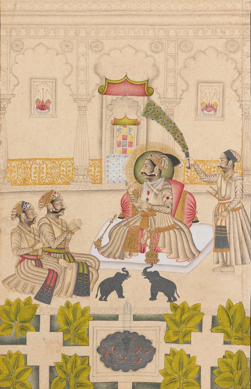 Maharana Amar Singh II toont twee zilveren olifanten, ca. 1705 door Stipple Master