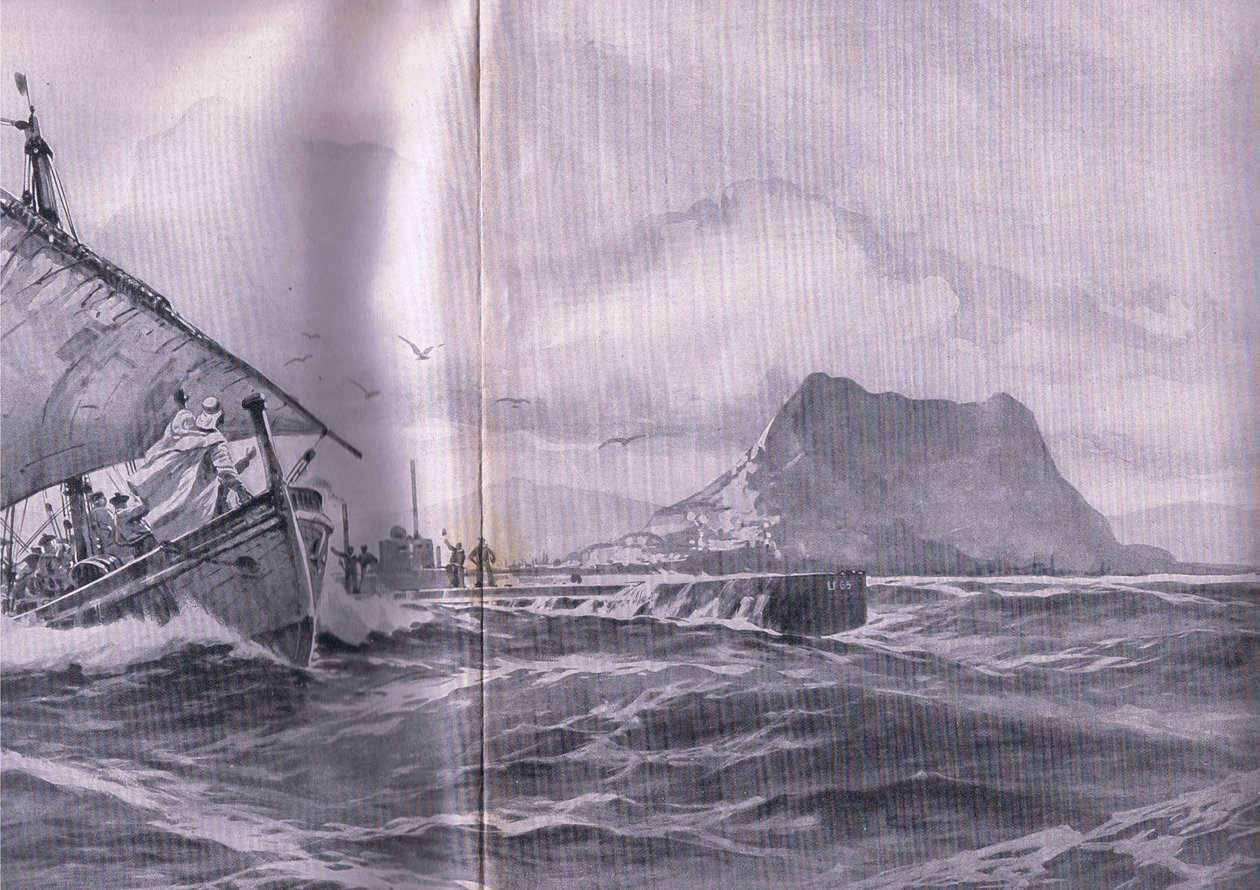 Duitse onderzeeër die door de Straat van Gibraltar reist op weg naar de Dardanellen, uit De Geïllustreerde Geschiedenis van de Wereldoorlog 1914-1915 uitgegeven door Union Berlagsefellfchaft door Willy Stoewer 
