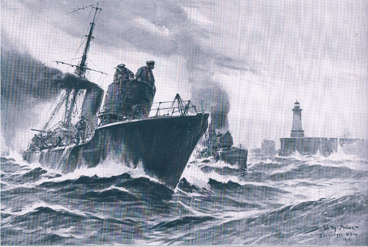 Patrouilleboten en mijnenvegers varen uit de haven van Zeebrugge, uit De Geïllustreerde Geschiedenis van de Wereldoorlog 1914-1915 uitgegeven door Union Berlagsefellfchaft door Willy Stoewer 