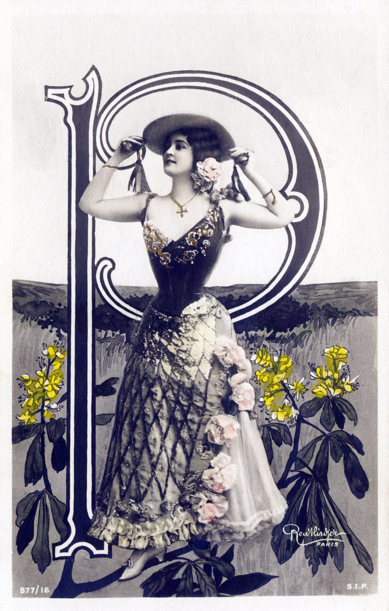 P: Mlle Lolita, artiest uit de jaren 1900 - Alfabet op ansichtkaart door Studio Reutlinger