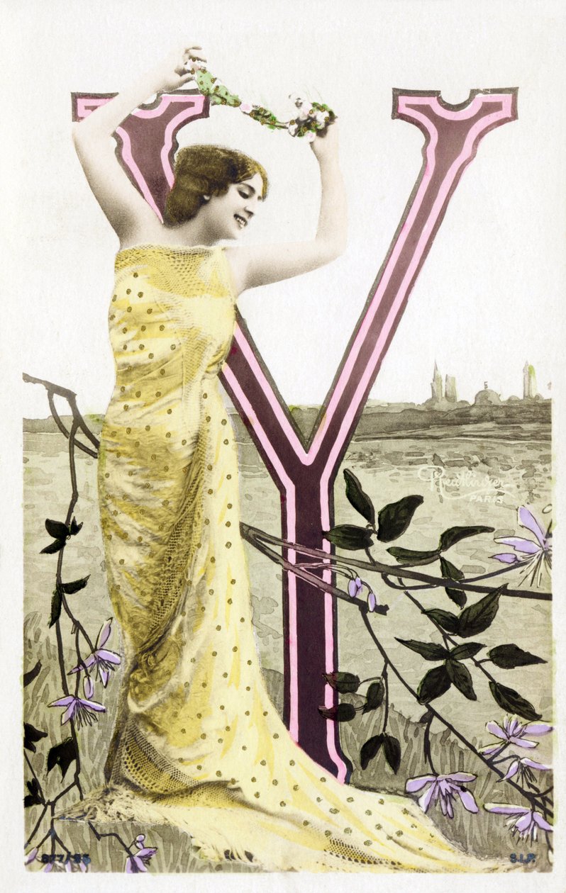 Y: Bianca Toledo, artiest, zanger en Sevillaanse danseres uit de Belle Epoque - Casino de Paris, Folies Bergere - alfabet in ansichtkaart door Studio Reutlinger