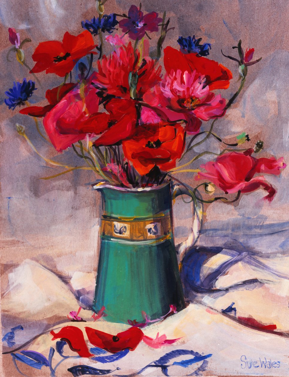 Klaprozen & korenbloemen in groene kan, 1994 door Sue Wales