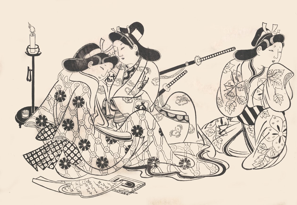 Samurai en courtisane zittend, een dienaar naast hen door Sugimura Jihei