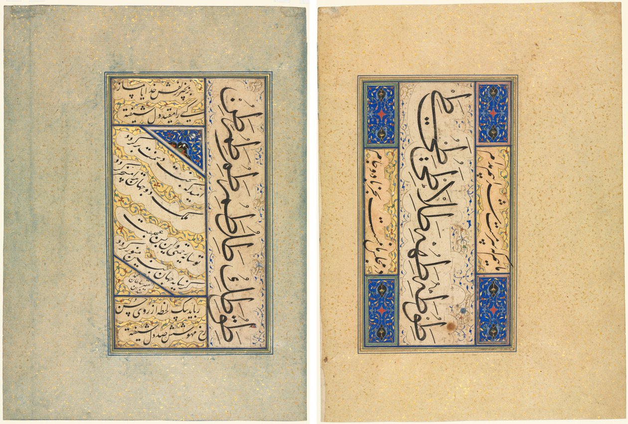 Perzische Kwatrijnen (Rubayi) en Kalligrafische Oefeningen (recto); Perzisch Vers (khamriyya) (verso) door Sultan Muhammad Khandan
