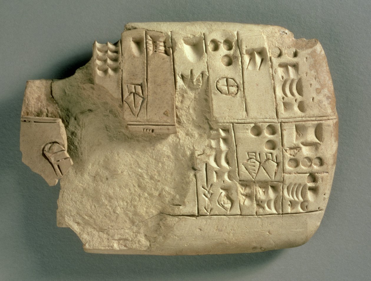 Tablet uit Jamdat Nasr in Irak, met hoeveelheden van verschillende goederen in archaïsch Sumerisch, ca. 3200-3000 v.Chr. door Sumerian