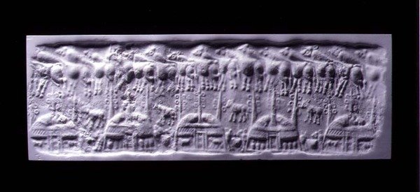 Handgreep cilinderzegelafdruk, Uruk (nu Warka, Irak), ca.3300-3000 v.Chr. door Sumerian Sumerian