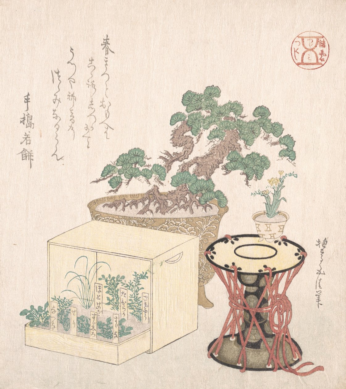 Potted Pine Tree, Drum en Zeven Kruiden Geplant in een Doos, 18e-19e eeuw door Sunayama Gosei