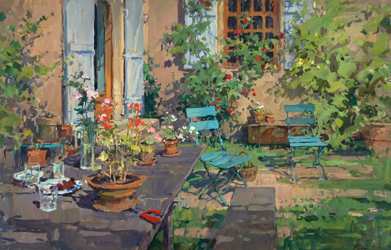 Terras met Groene Stoelen, Bourgondië door Susan Ryder