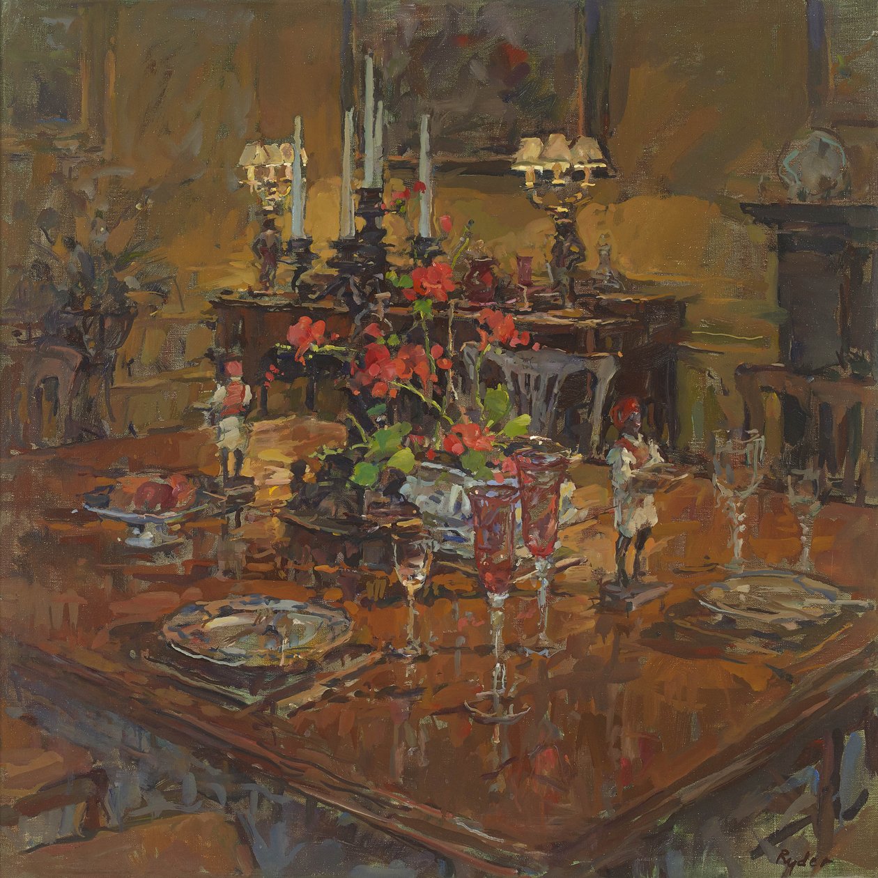 Eetkamer met geraniums door Susan Ryder