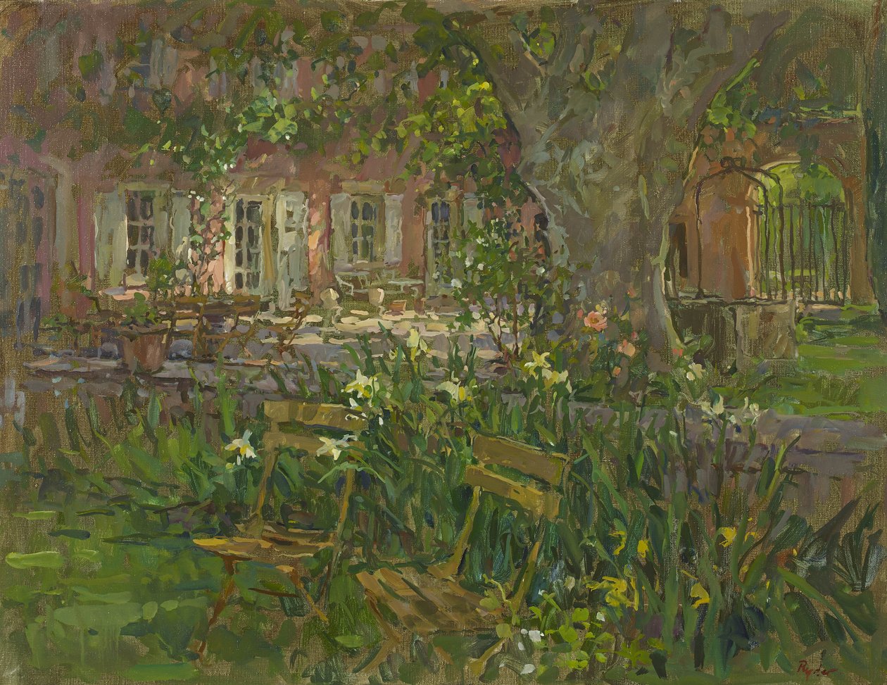 Provence terras met irissen door Susan Ryder