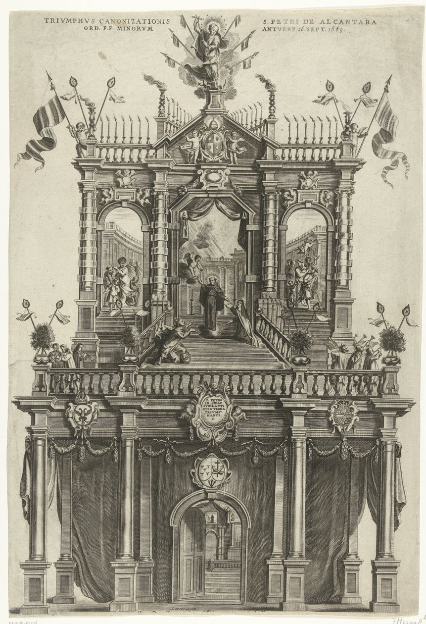 Triomfpoort opgericht te Antwerpen ter gelegenheid van de heiligverklaring van Petrus van Alcantara in 1669 door Susanna Verbruggen (signed by artist)