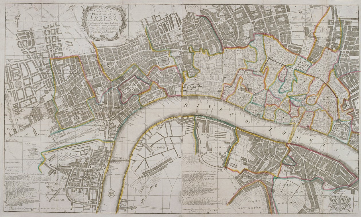 Kaart van Westminster, de Stad Londen, Southwark en omliggende gebieden, 1739 door Sutton Nicholls