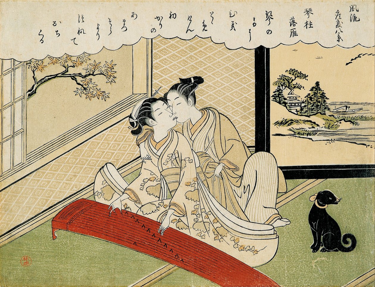 Ganzen dalen neer op de koto-bruggen (Kotoji rakugan) door Suzuki Harunobu