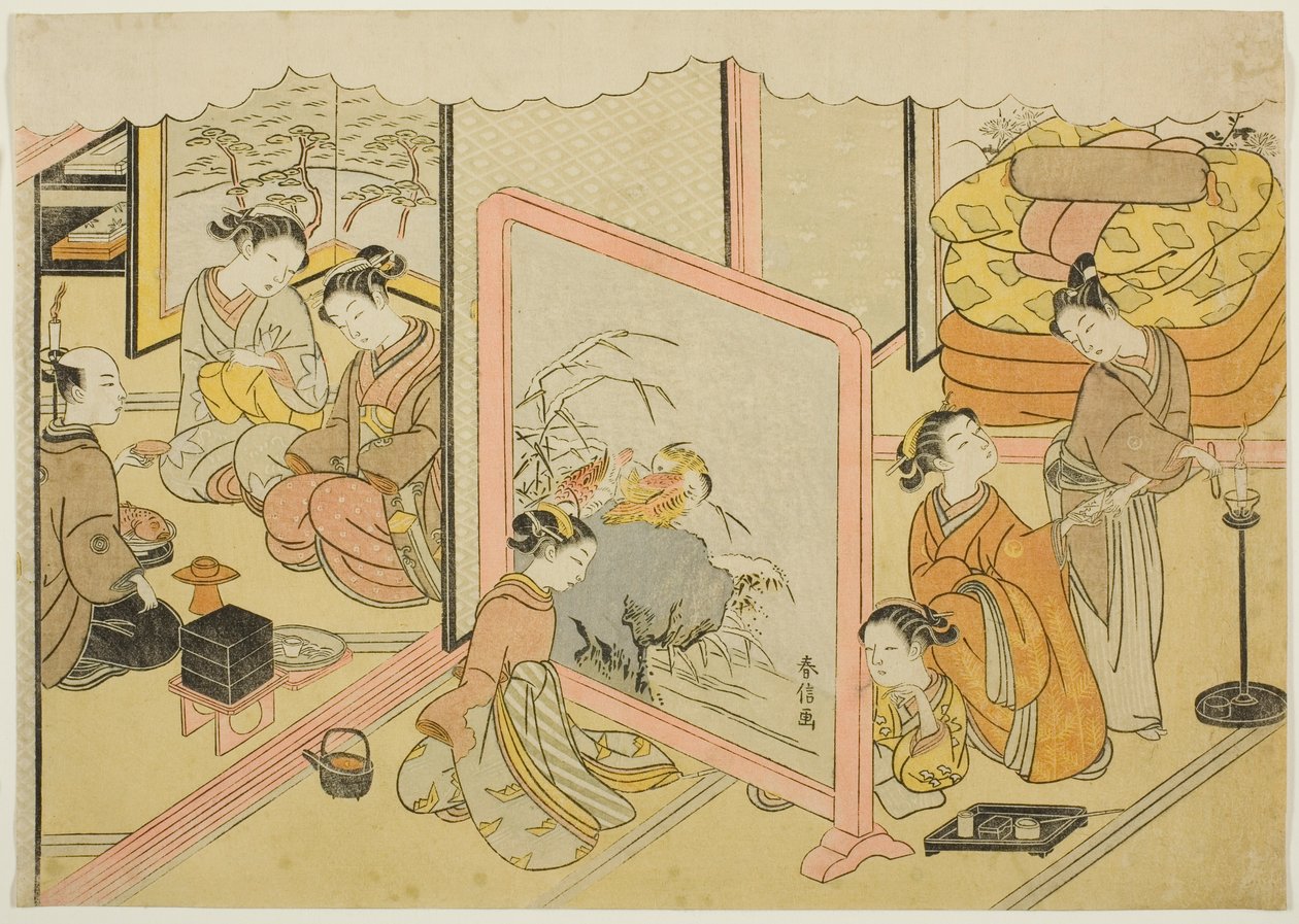 Een kopje sake voor het slapengaan (Toko sakazuki), het zesde blad van de serie "Huwelijk in Brokaatprenten, de Koets van de Deugdzame Vrouw (Konrei nishiki misao-guruma)" door Suzuki Harunobu