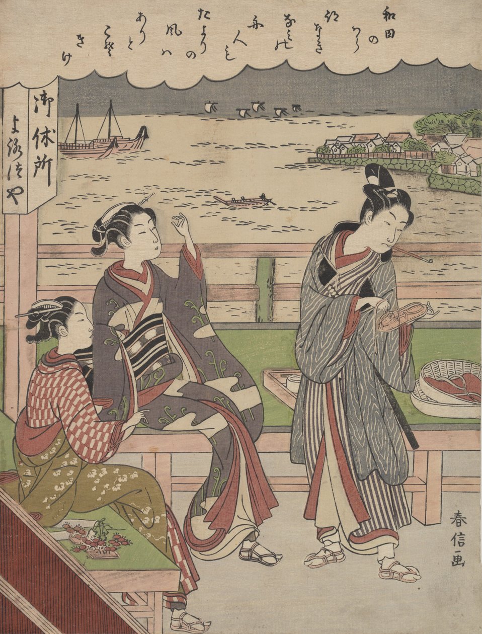 Een man en twee vrouwen in een theehuis bij Wada no Ura met uitzicht op de zee door Suzuki Harunobu