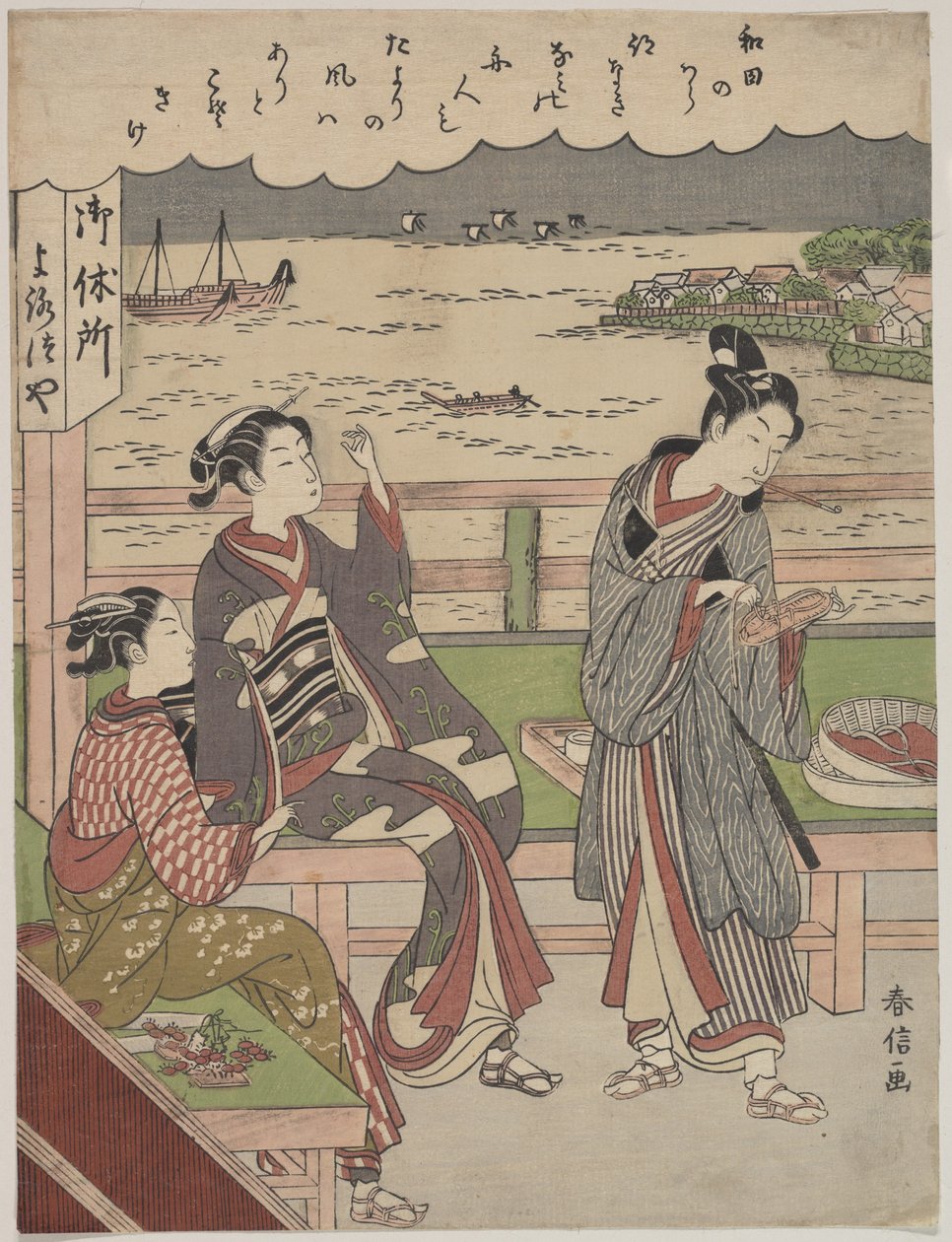 Een man en twee vrouwen in een theehuis in Wada no Ura met uitzicht op zee door Suzuki Harunobu