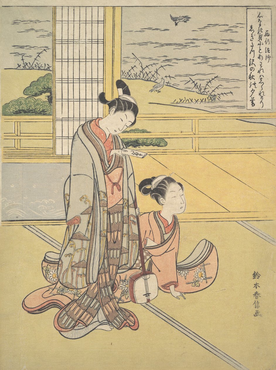 Een Jonge Man en Vrouw met een Shamisen, Monnik Saigyo door Suzuki Harunobu