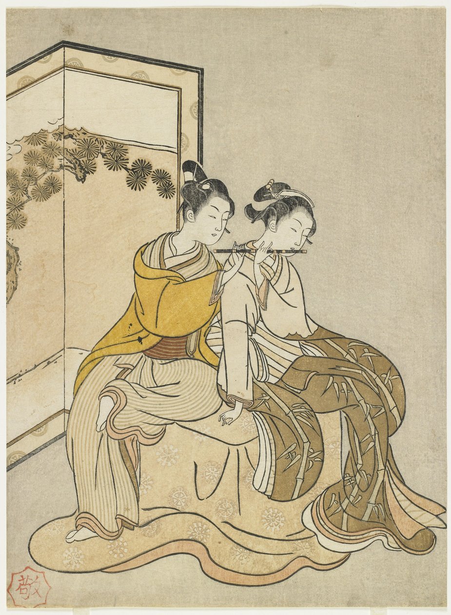 Kalenderafdruk voor Meiwa 2 en een Mitate van keizer Xuanzong en Yang Guifei door Suzuki Harunobu