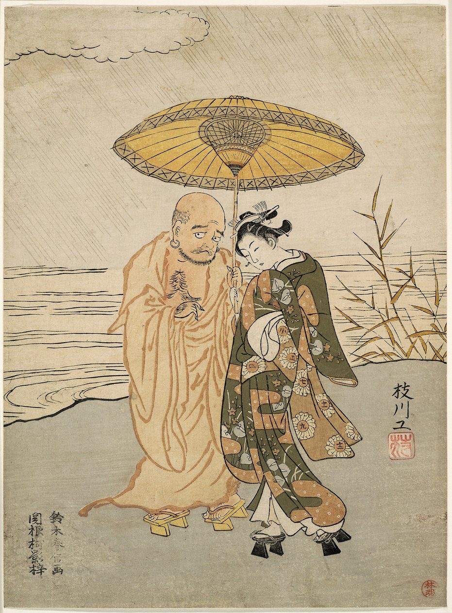 Daruma en een jonge vrouw in de regen door Suzuki Harunobu