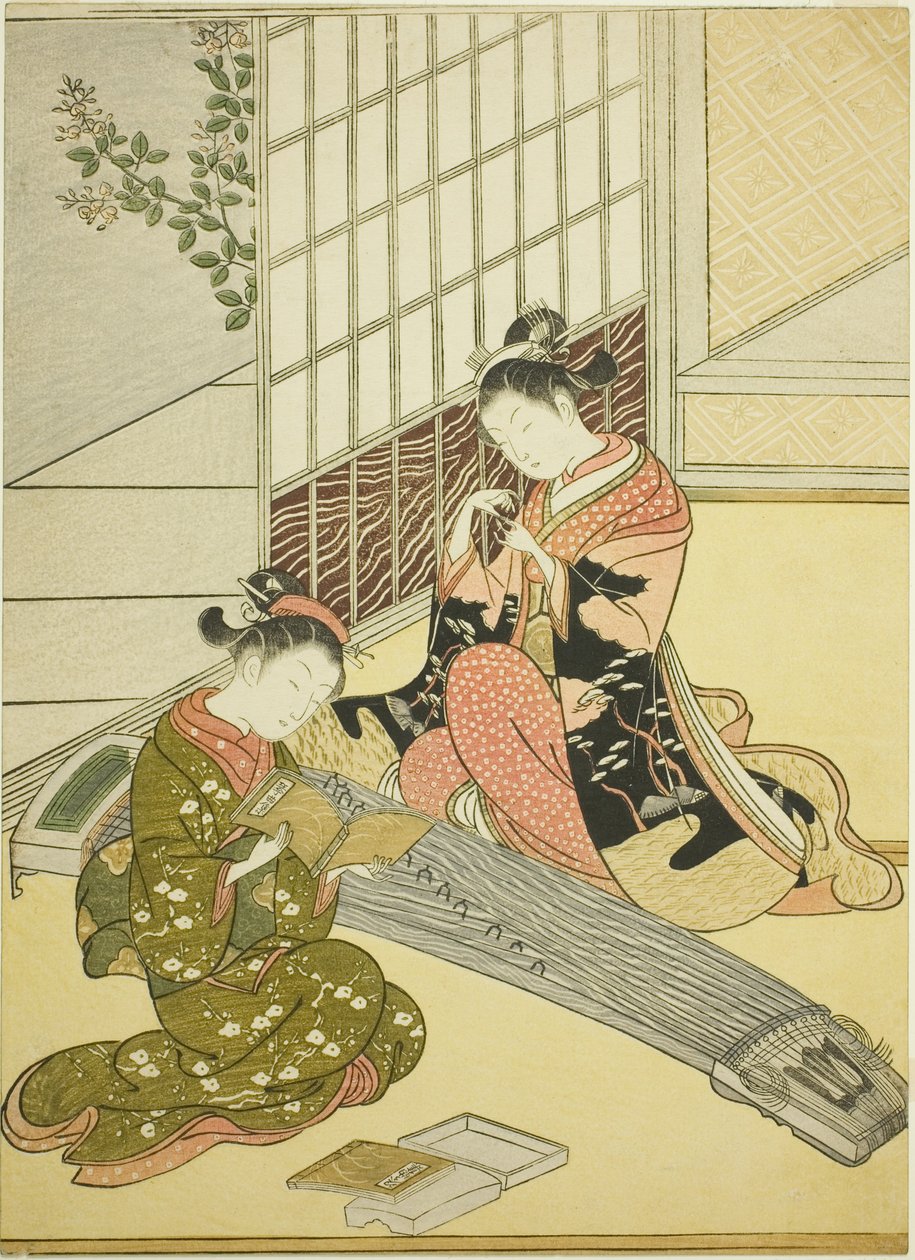 Afdalende ganzen van de Koto-bruggen (Kotoji no rakugan), uit de serie "Acht uitzichten van de salon (Zashiki hakkei)" door Suzuki Harunobu